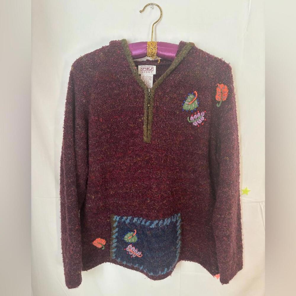 VTG Maroon+Green Beaded Garden Fairy Cabincore 1/4 Zip Women’s Hoodie Size XL